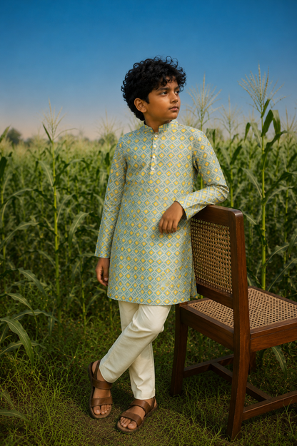 Blue Window - Printed Silk Kurta Set For Kids