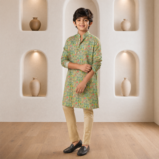 Mushroom Garden - Printed silk kurta Set Kids