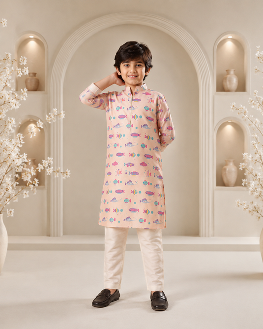 Fish Fable Silk Kurta - Set For Kids