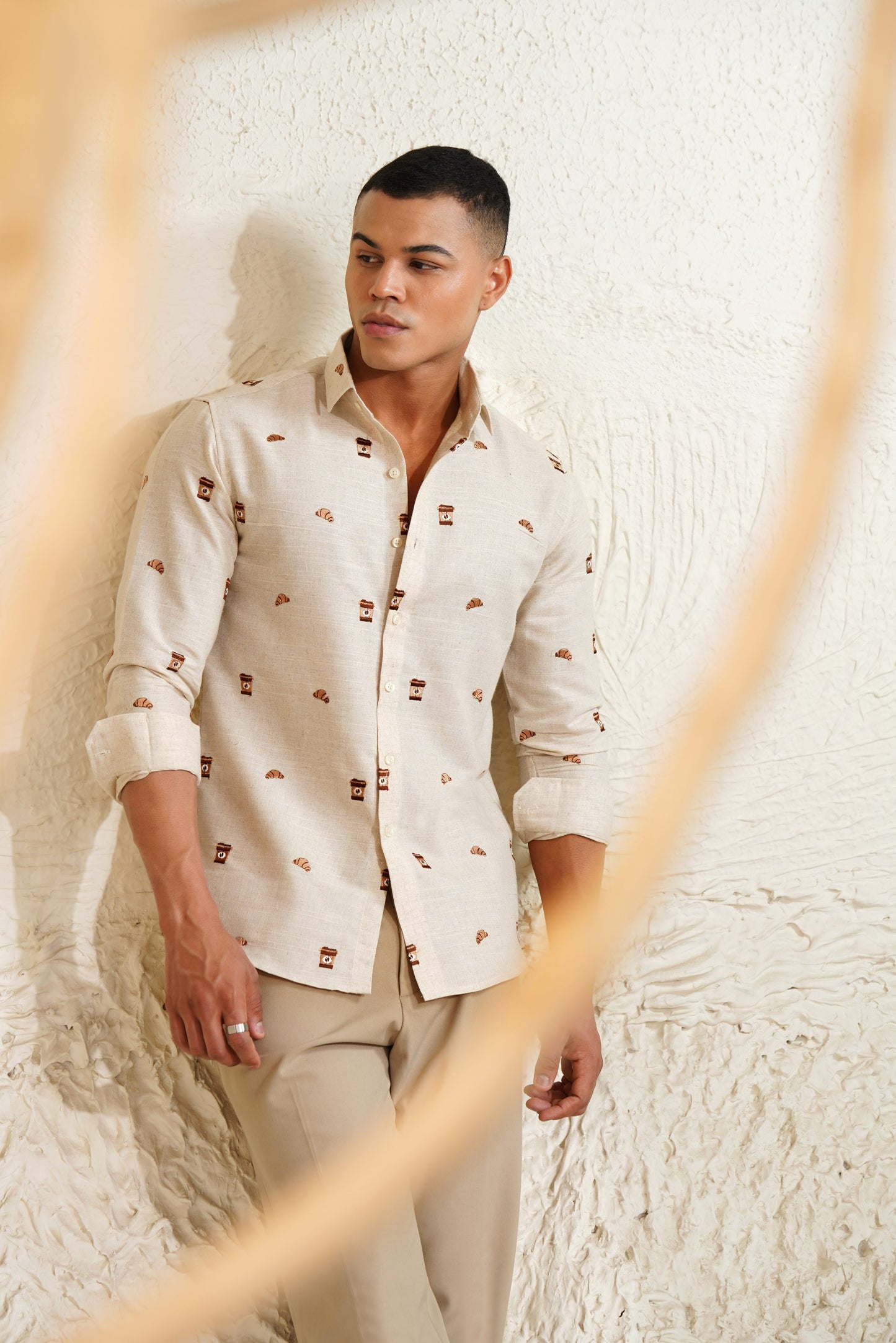 Coffee & Croissant - Embroidery Linen Shirt