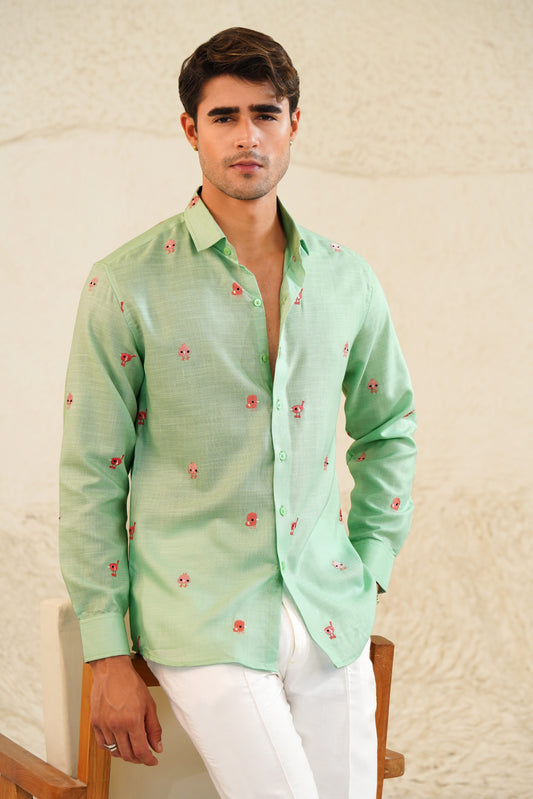 Chirp and Chill - Embroidery Linen Shirt