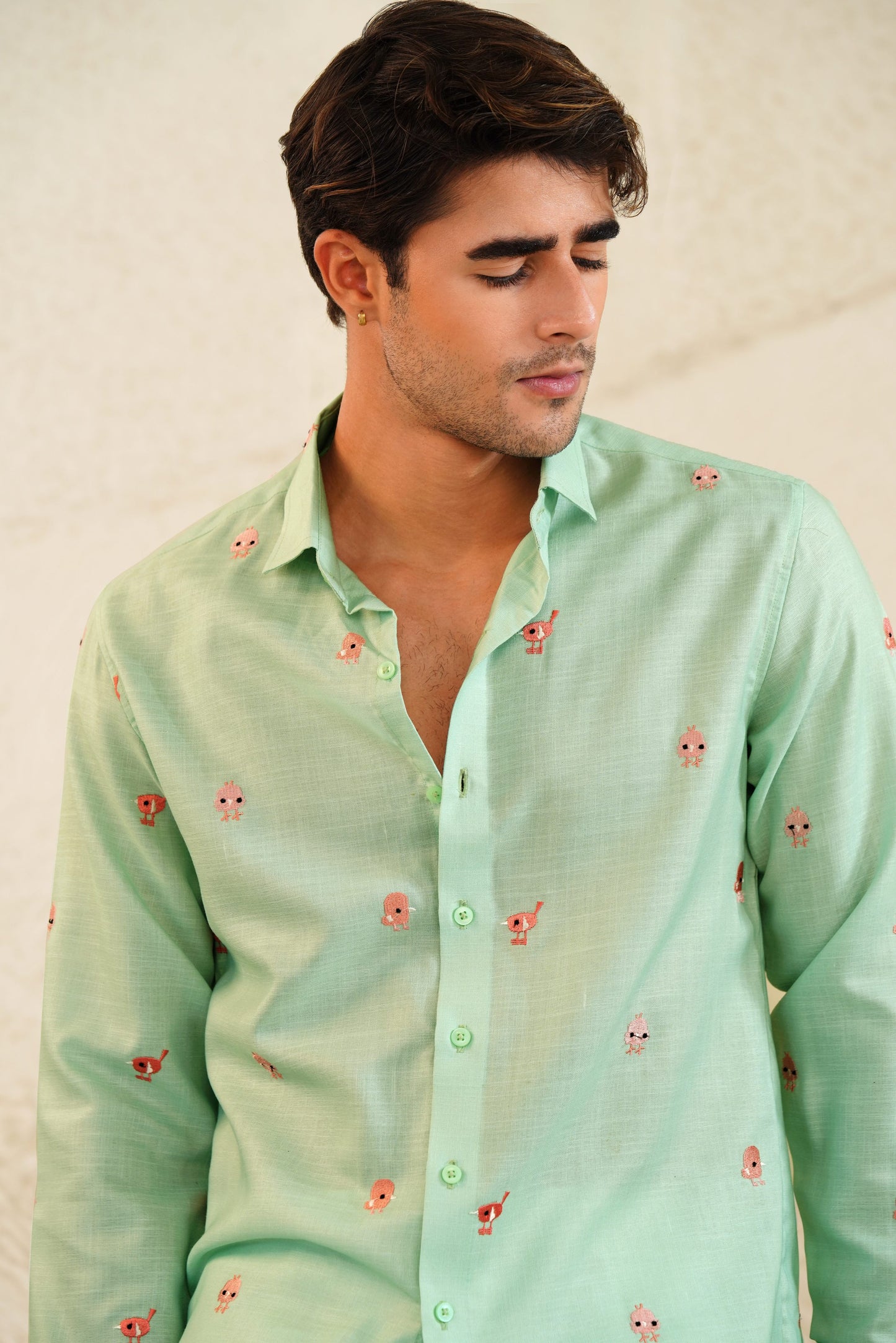 Chirp and Chill - Embroidery Linen Shirt