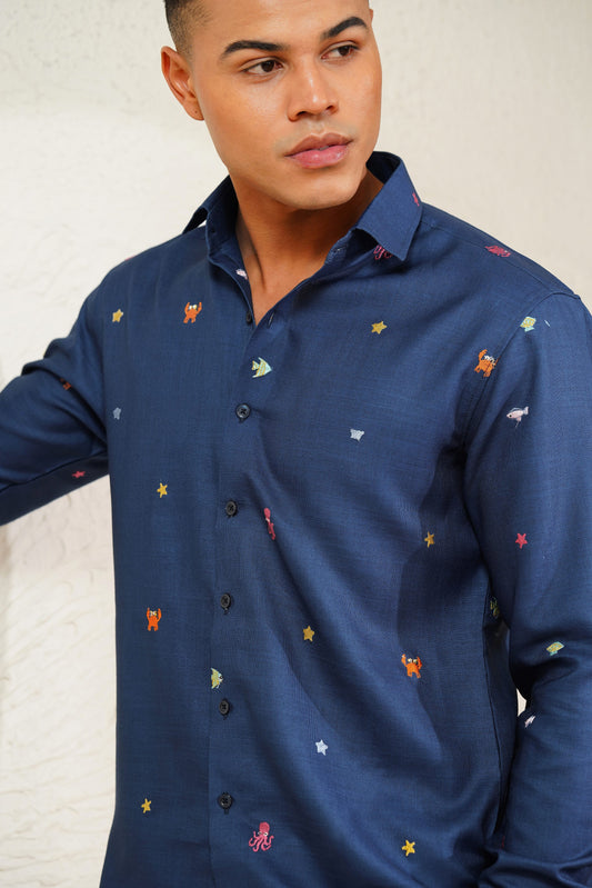 Sea Doodle  - Embroidery Linen Shirt