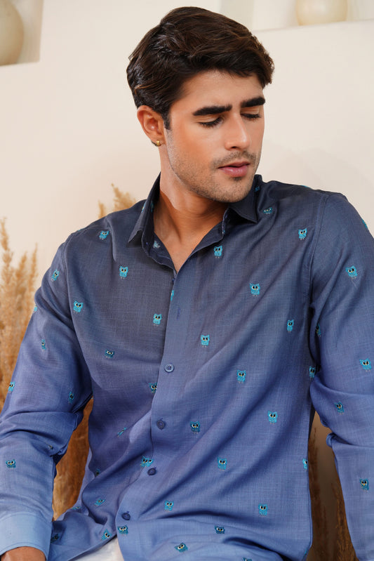 Owl Hour - Embroidery Linen Shirt