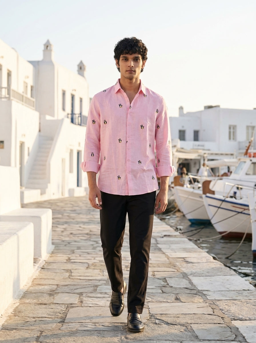 Penguin Tide - Embroidery Linen Shirt