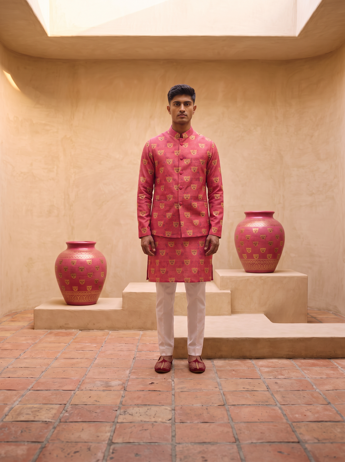 Pink Leopard -Nehru Jacket Set