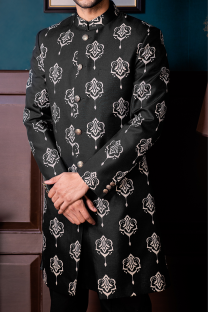 The Luxe Sleek - Printed Silk Achkan Set