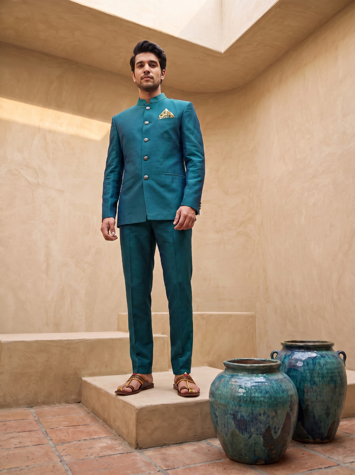 Green  Solid - Silk Bandhgala