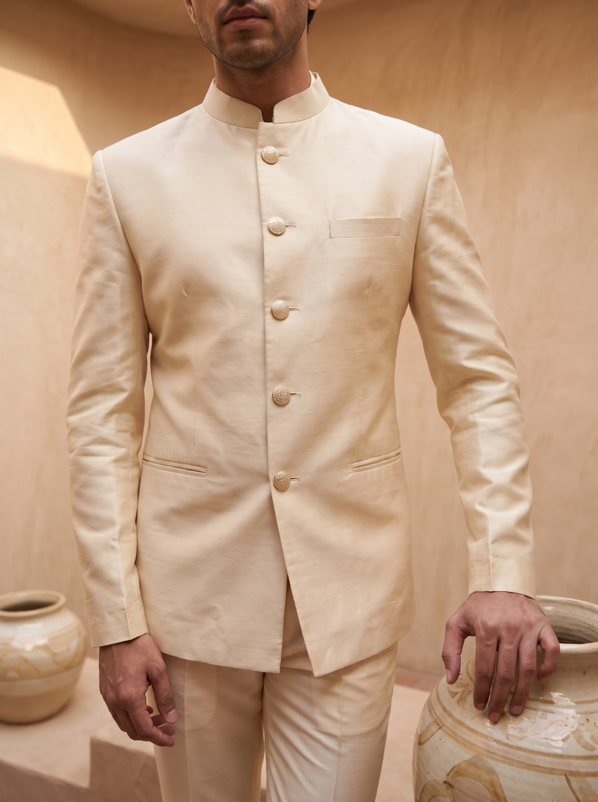 Beige Solid - Silk Bandhgala