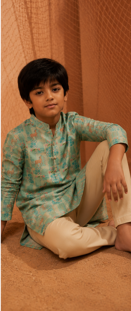 Deer Park - Printed Silk Kurta Set For Kids