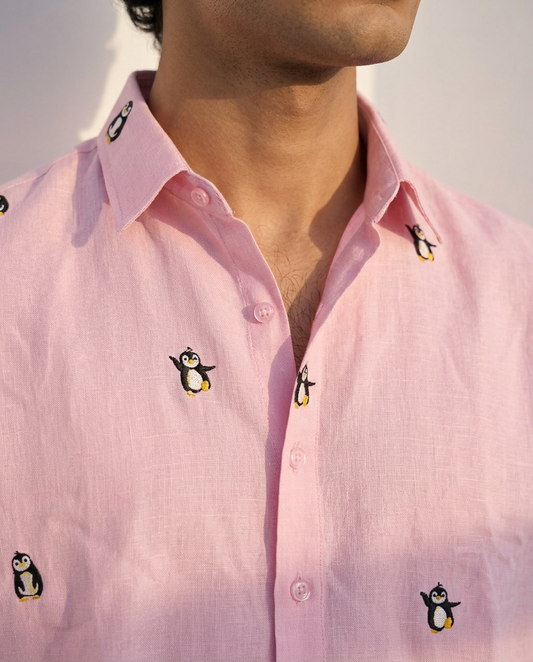 Penguin Tide - Embroidery Linen Shirt