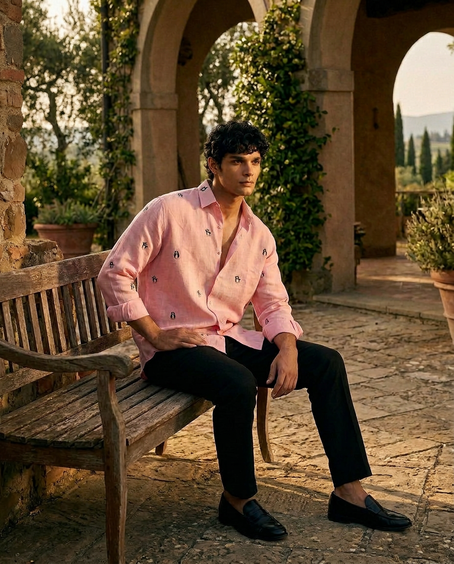 Penguin Tide - Embroidery Linen Shirt