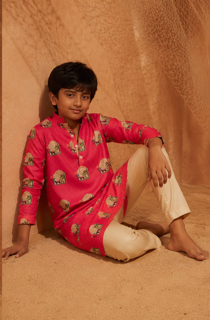 Pink Panther - Printed silk kurta set For Kids