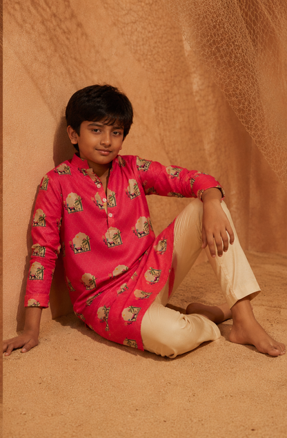 Pink Panther - Printed silk kurta set For Kids